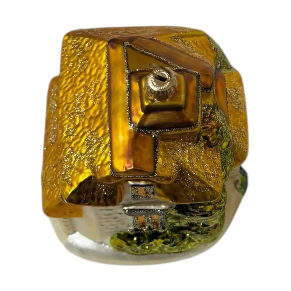 Blown Glass Cottage House Ornament‎ Gold White Glitter Large Vintage EUC